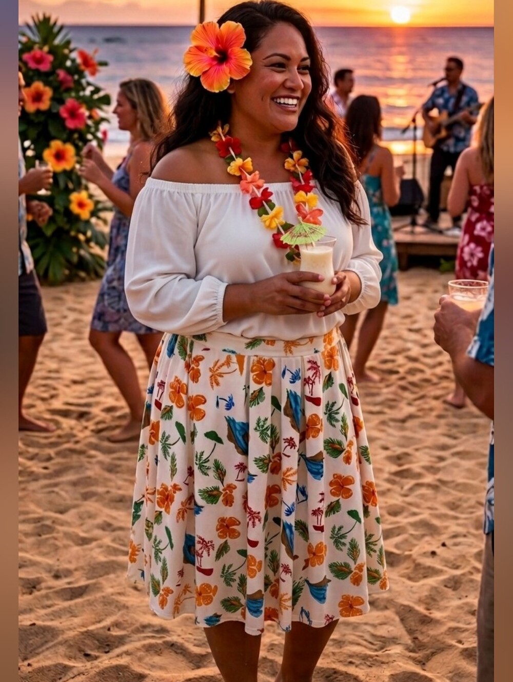 LuLaRoe XL Madison Tropical Floral Hawaiian Hibiscus Cream Pleated Pockets Skirt